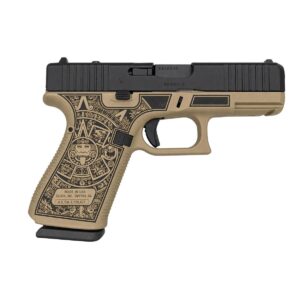 Glock V-Series G19 Aztec 9mm pistol with tan Cerakote finish, engraved Aztec slide, and RMR optic cut