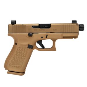 Glock V-Series G19 9mm pistol in FDE Cerakote with threaded barrel and suppressor height sights