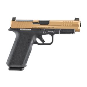 Ruger RXM 9mm pistol with copper PVD slide, black Magpul grip, and tritium front night sight